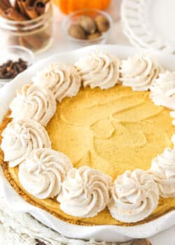 A Pumpkin Ice Cream Pie decorated with swirls of whipped cream.