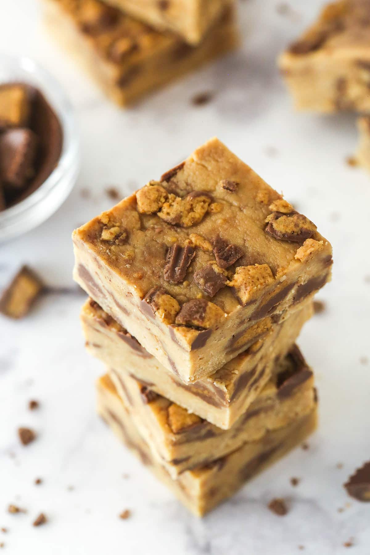 Overhead view of pieces of Reese's peanut butter cup fudge