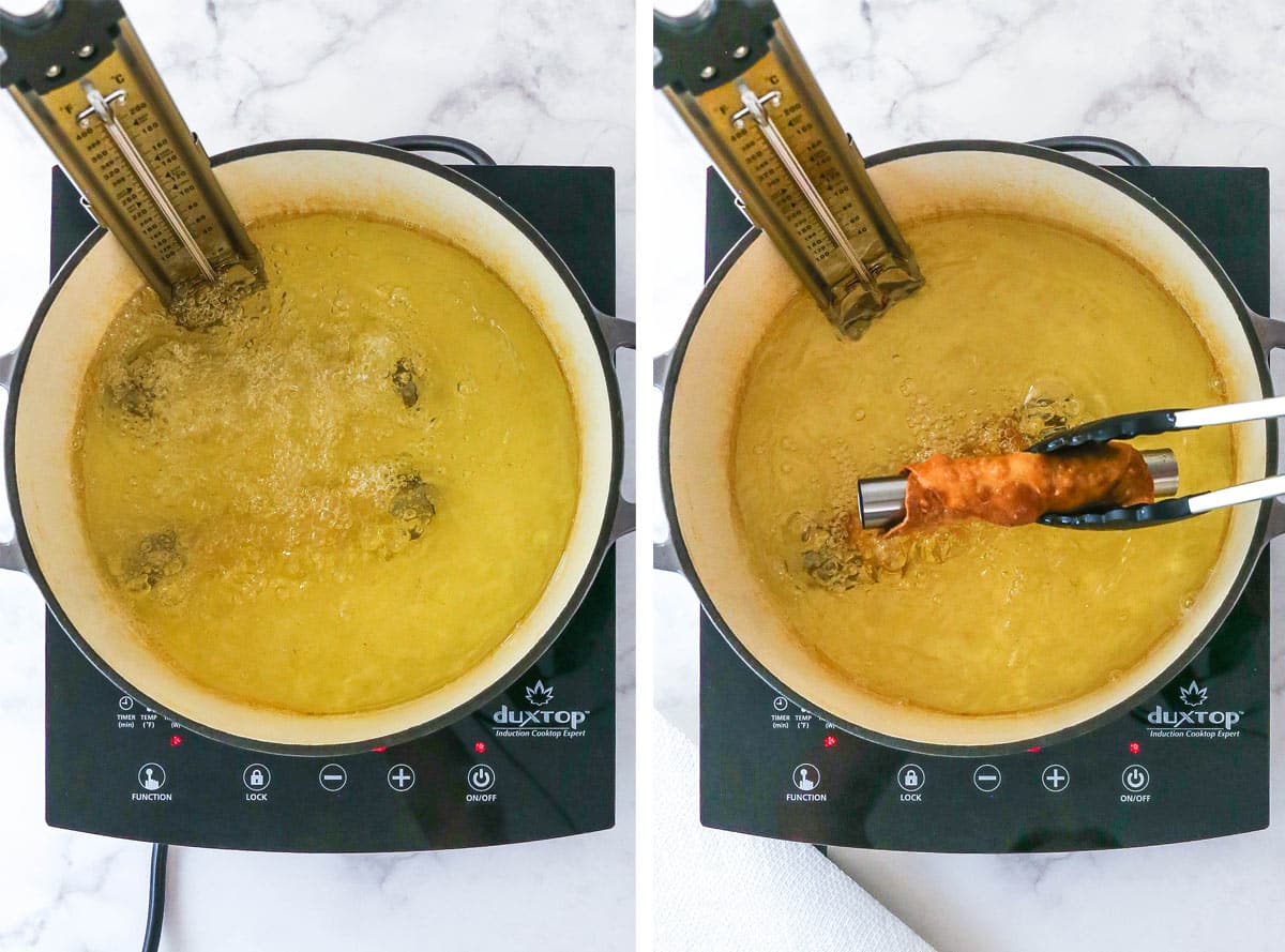 Two photos showing a cannoli shell being fried