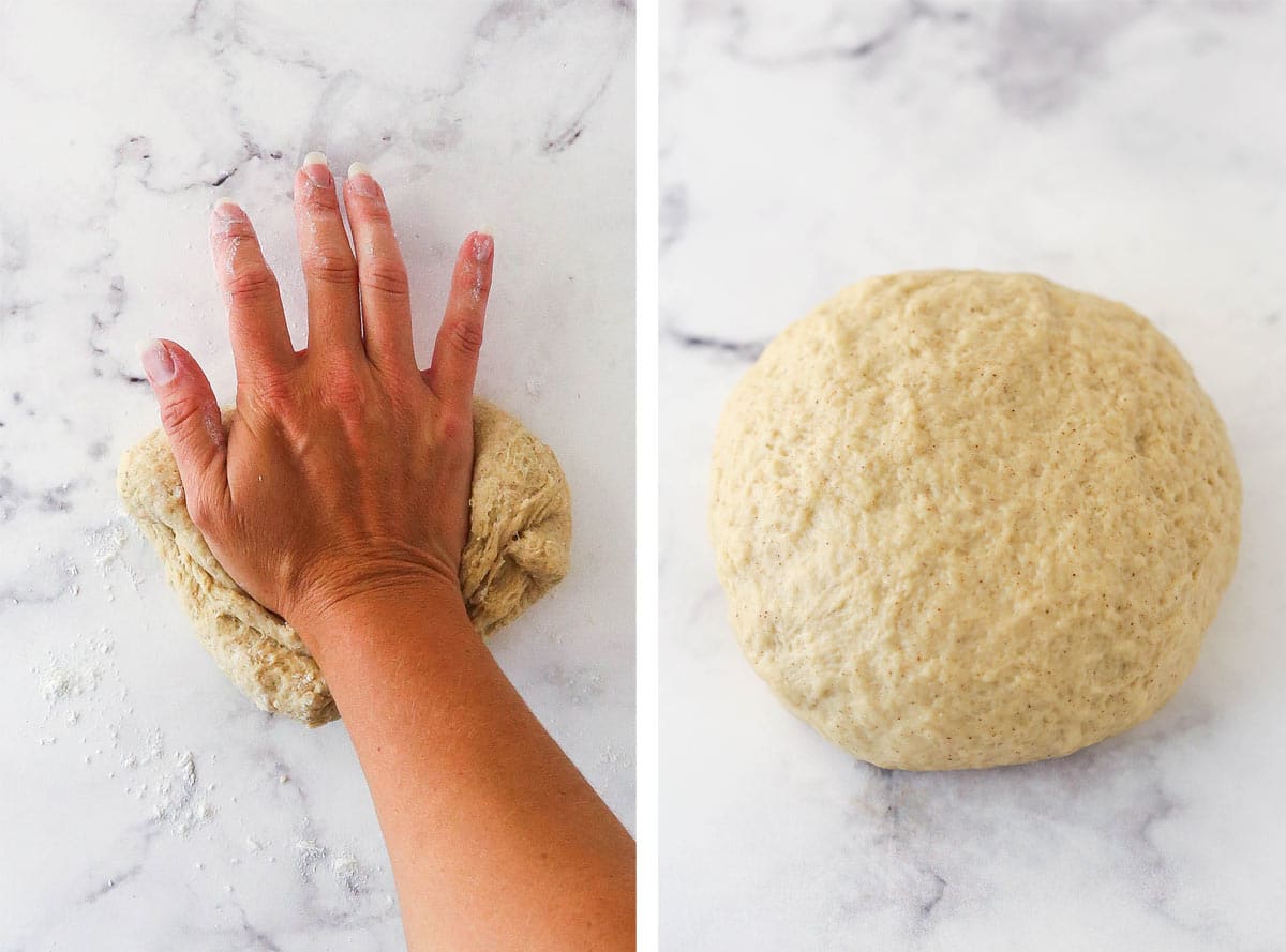 A photo of a hand kneading dough and another photo of a ball of dough.