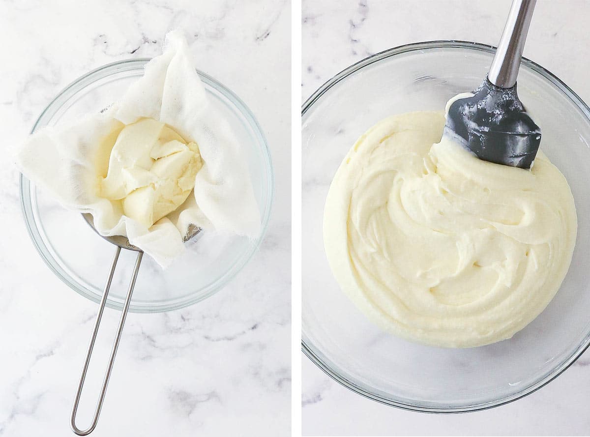 A photo of straining ricotta cheese and another photo of cannoli filling in a bowl