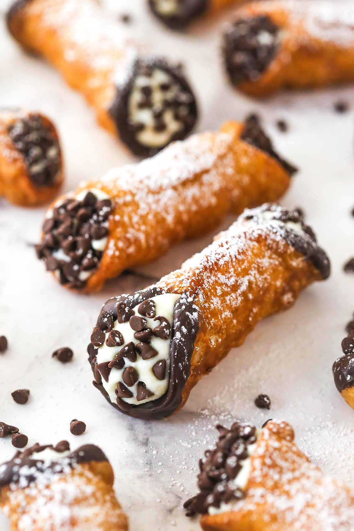 Overhead view of cannoli on the counter