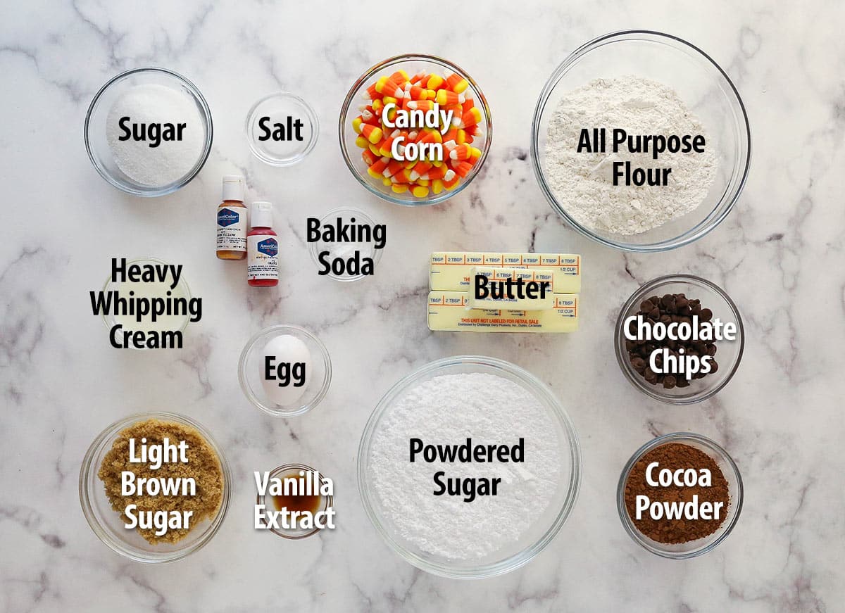 Ingredients needed for a Candy Corn Chocolate Cookie Cake with text labels.