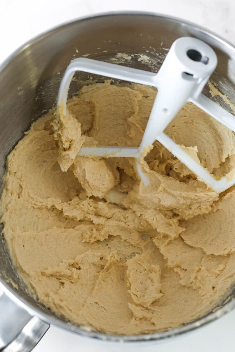 Creamed butter and sugar in a mixing bowl.