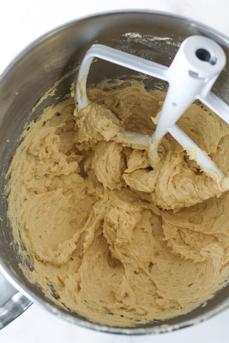 Cookie cake batter with dry ingredients mixed in.