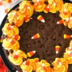 Top view of a Candy Corn Chocolate Chip Cookie Cake.