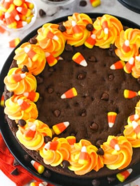 Top view of a Candy Corn Chocolate Chip Cookie Cake.