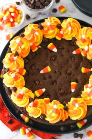 Top view of a Candy Corn Chocolate Chip Cookie Cake.