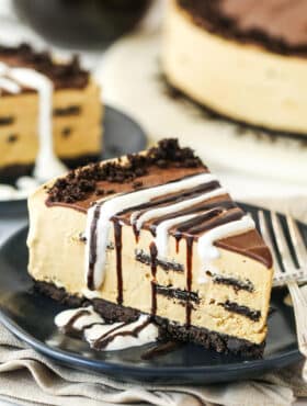 A slice of Kahlua Ice Cream Pie on a small black dessert plate.