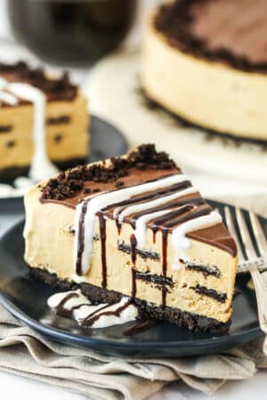 A slice of Kahlua Ice Cream Pie on a small black dessert plate.