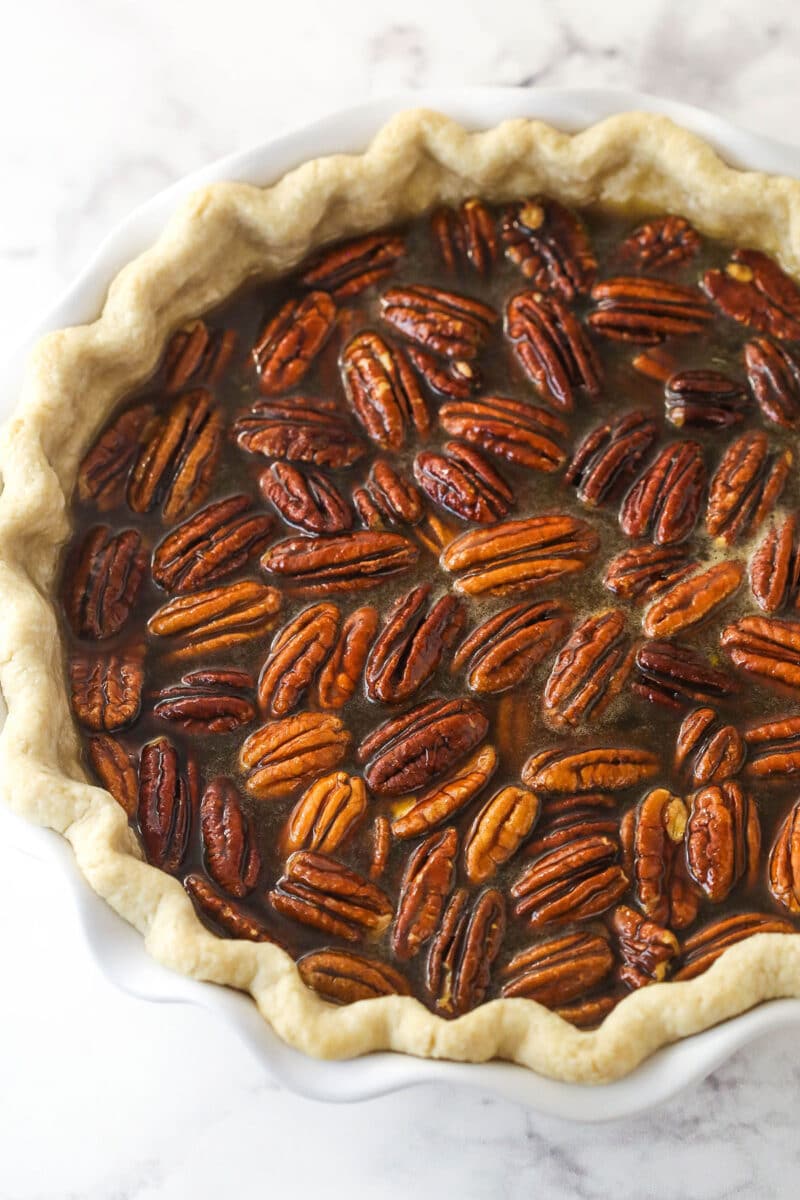 An unbaked pecan pie without corn syrup