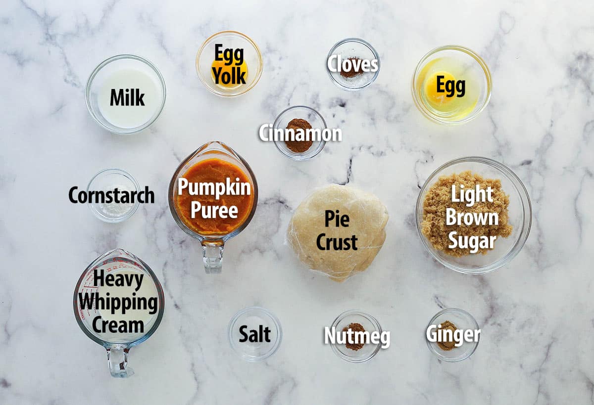 Overhead view of ingredients needed to make mini pumpkin pies