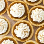 Overhead view of miniature pumpkin pies topped with whipped cream.