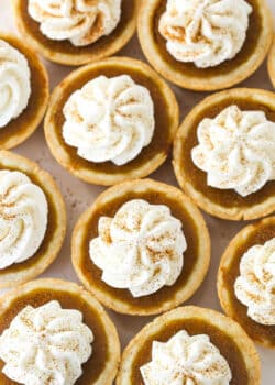 Overhead view of miniature pumpkin pies topped with whipped cream.