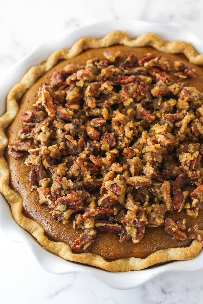 Overhead view of praline topping on pumpkin pie before baking