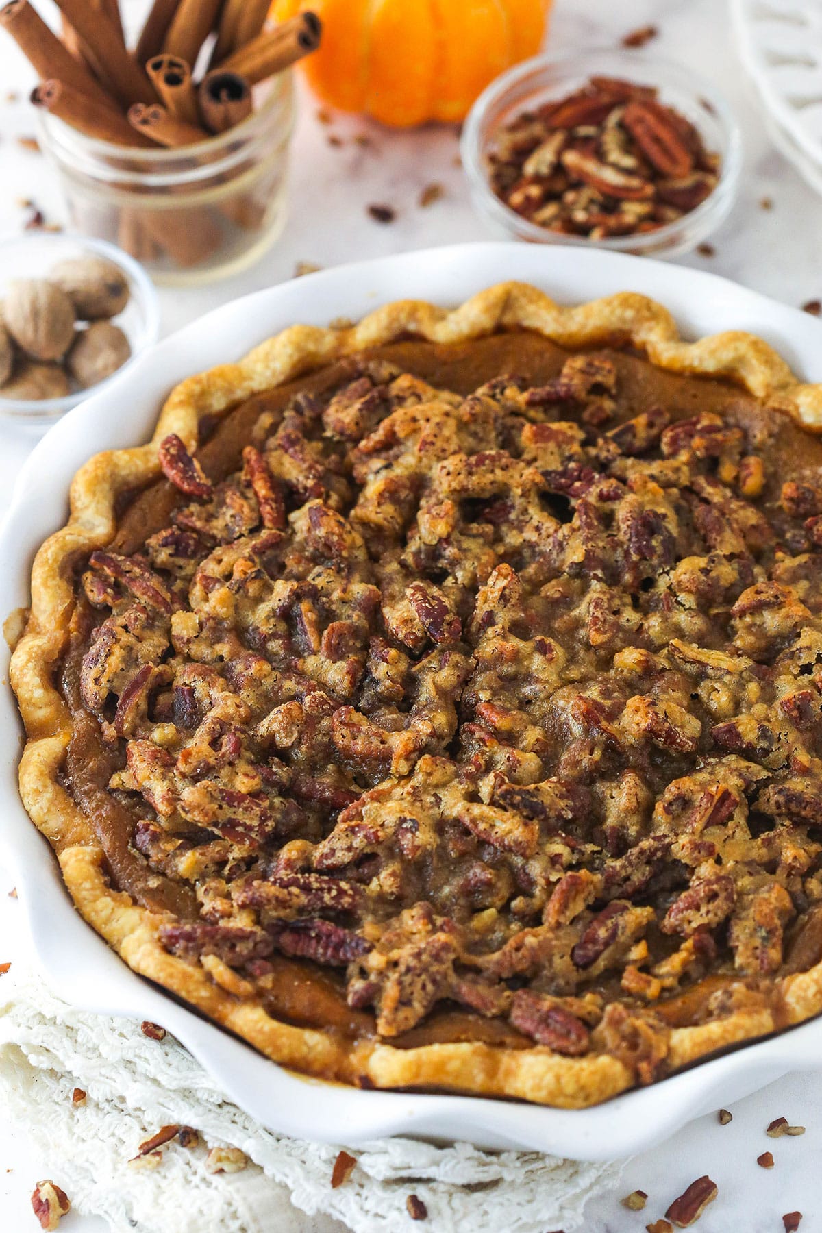 Praline pumpkin pie in a pie dish