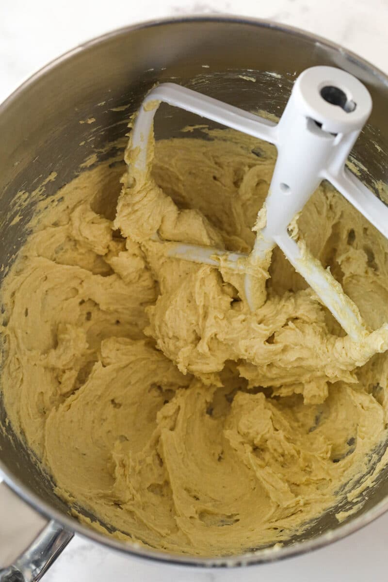 Creamed butter and sugar in a mixing bowl.