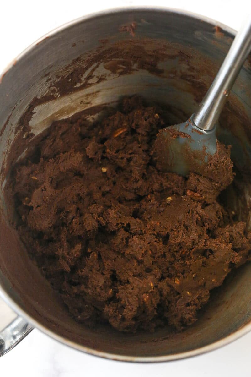 Rocky Road Cookie Cake dough in a metal mixing bowl.