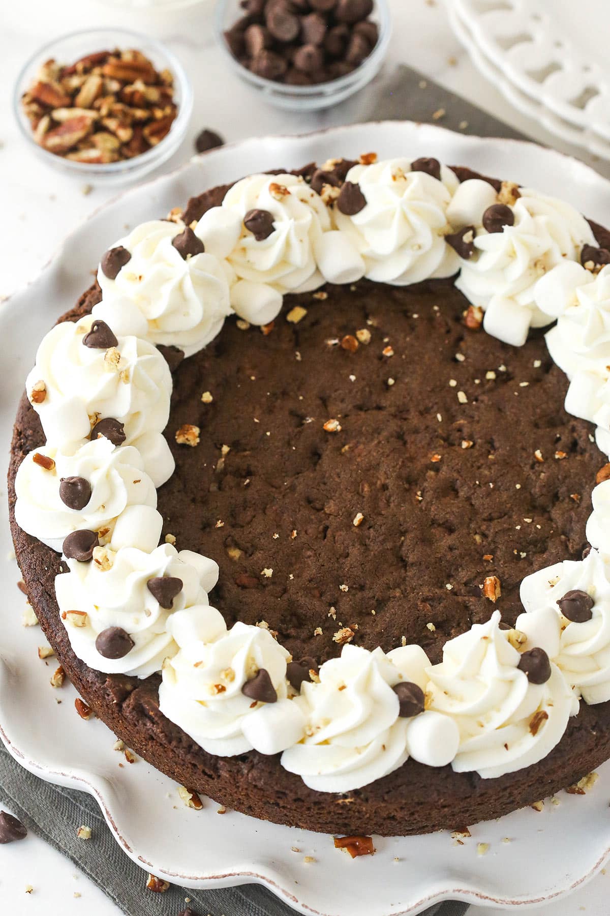 Top view of a decorated Rocky Road Cookie Cake.