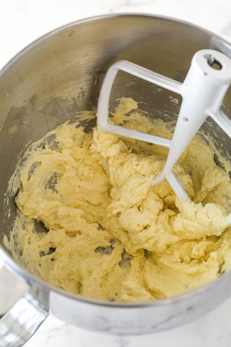 Cookie dough batter after adding eggs to the mixture.