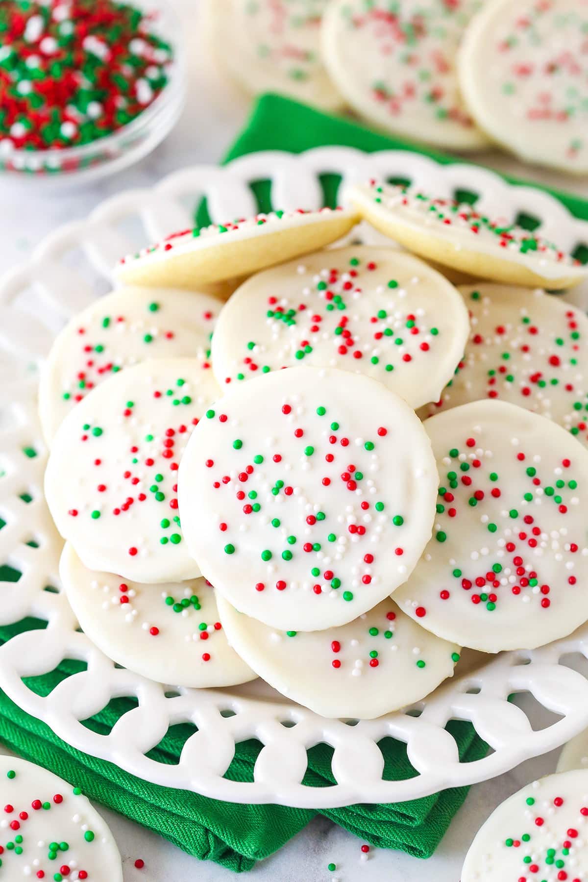 A plate of iced Cakey Christmas Cookies.