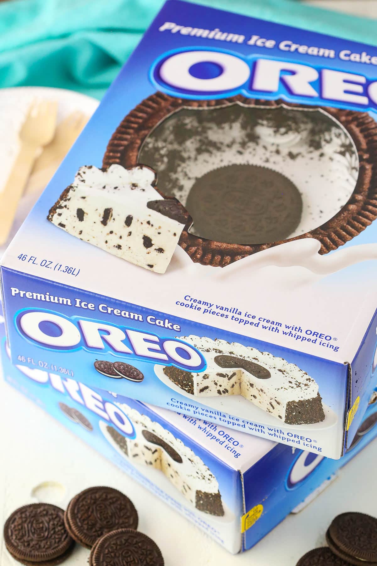 Two boxed Oreo Ice Cream Cakes stacked on top of each other