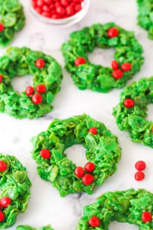 Christmas cornflake wreath cookies on a white background