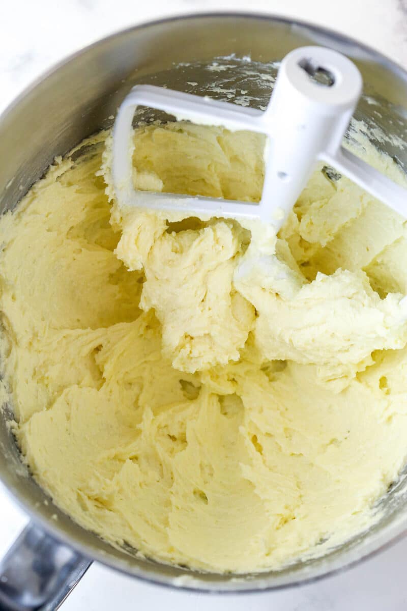 Creamed butter and sugar with eggs and vanilla.