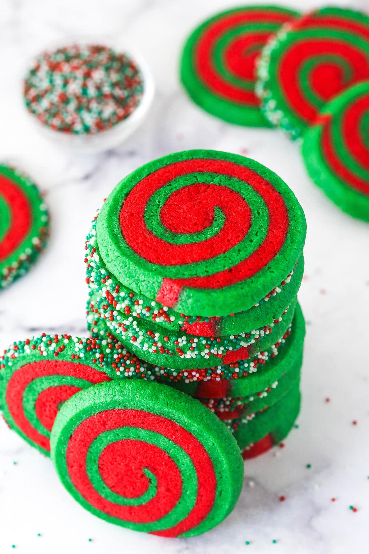 Overhead view of a stack of Christmas pinwheel cookies