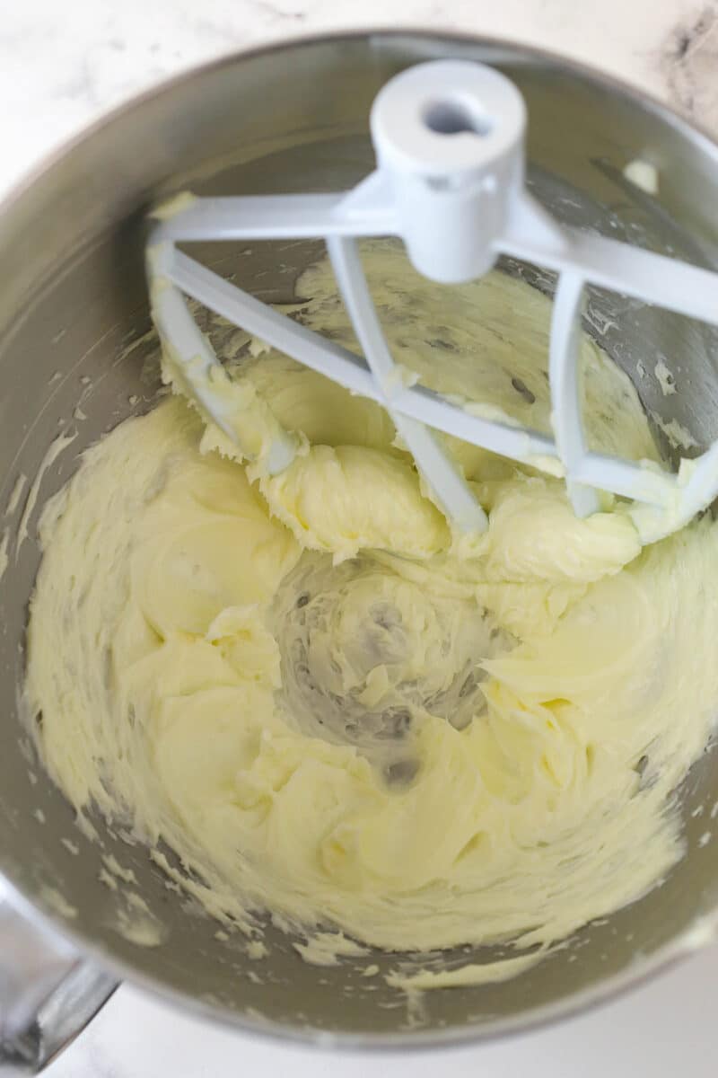 Creamed butter and sugar in a mixing bowl