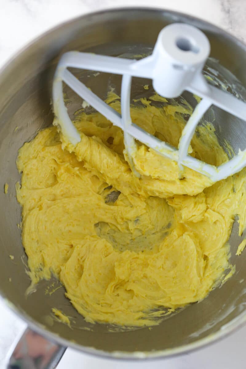 Creamed butter and sugar in a mixing bowl