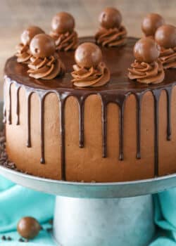 Side view of a full Drunken Chocolate Truffle Cake on a gray cake stand