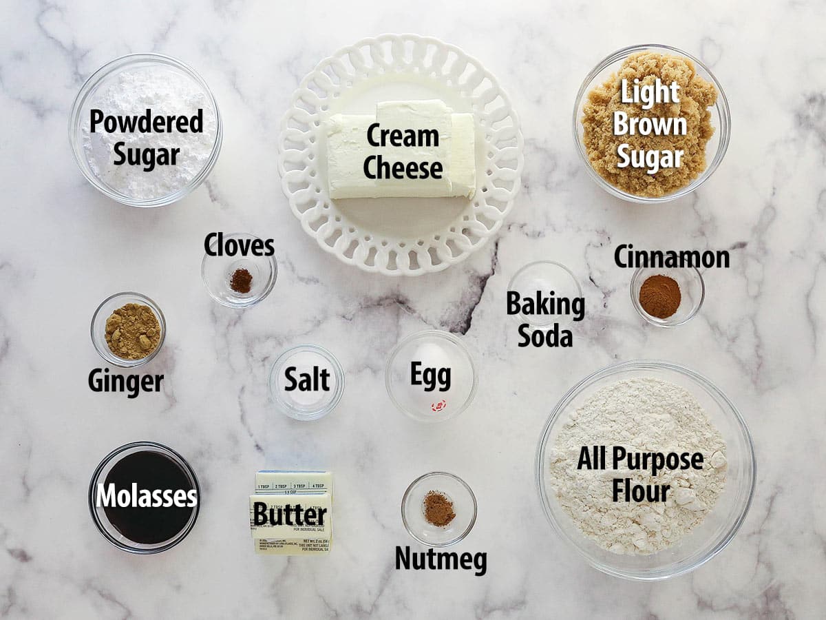 Labeled ingredients for Gingerbread Cheesecake Cookie Cups.