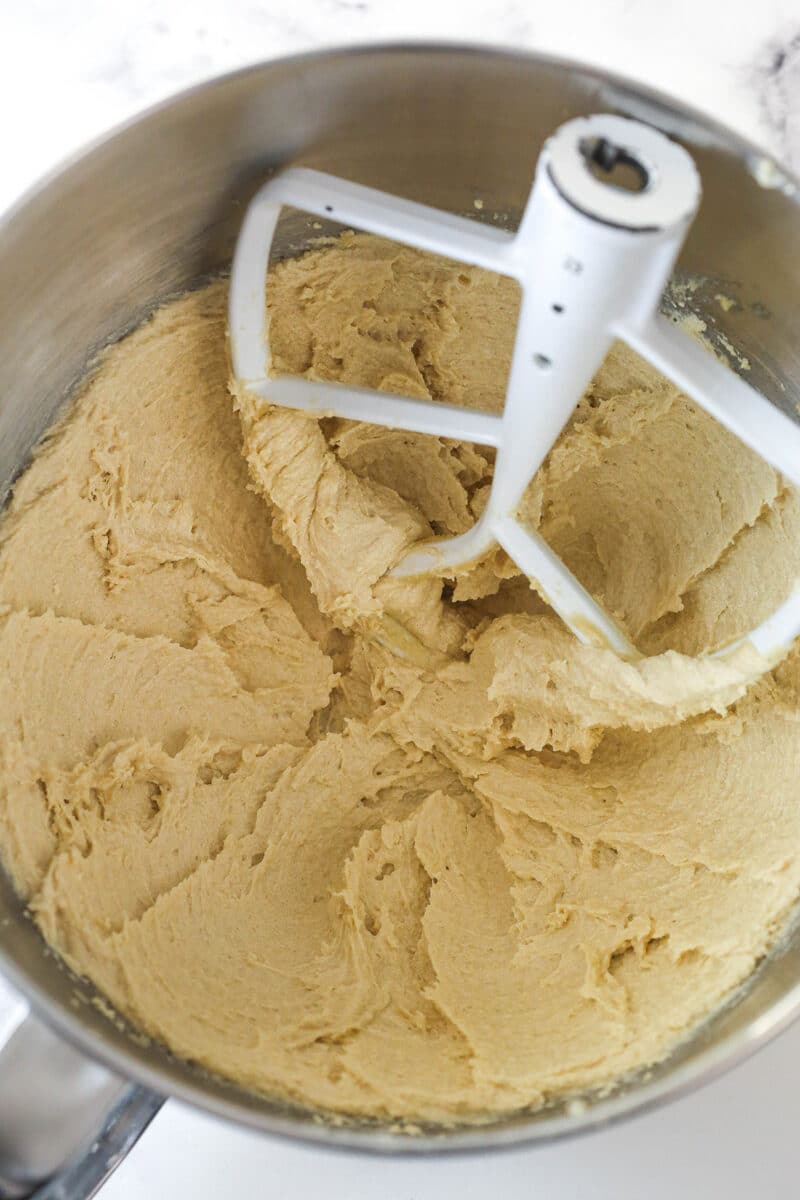 Creamed butter and sugar in a mixing bowl.