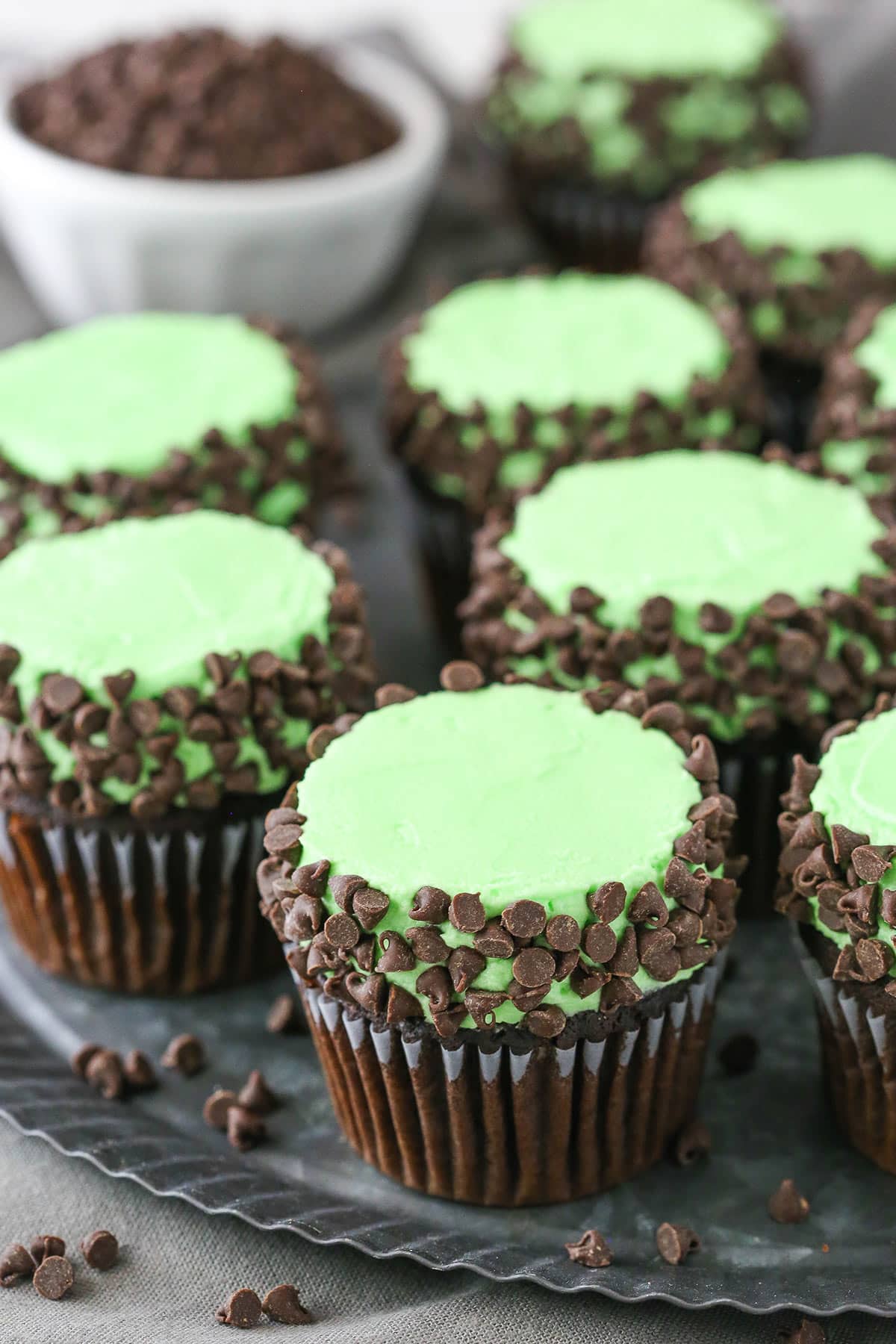 Mint Chocolate Chip Cupcakes on a gray plate with chocolate chips in the background