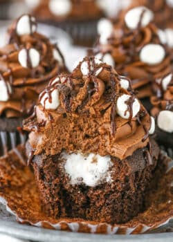 Side view of a Mississippi Mud Cupcake with a bite removed