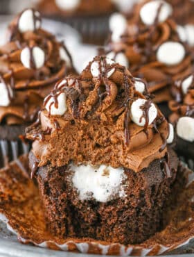 Side view of a Mississippi Mud Cupcake with a bite removed