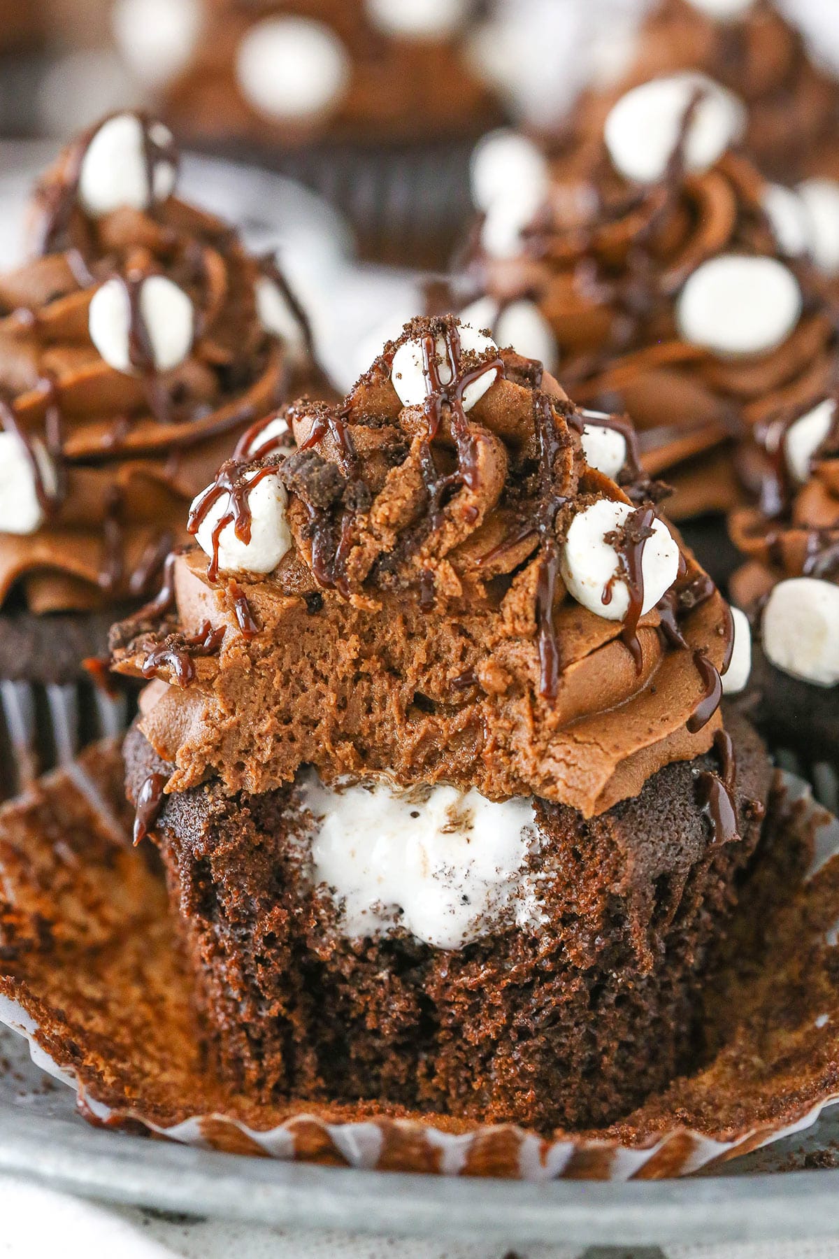 Side view of a Mississippi Mud Cupcake with a bite removed