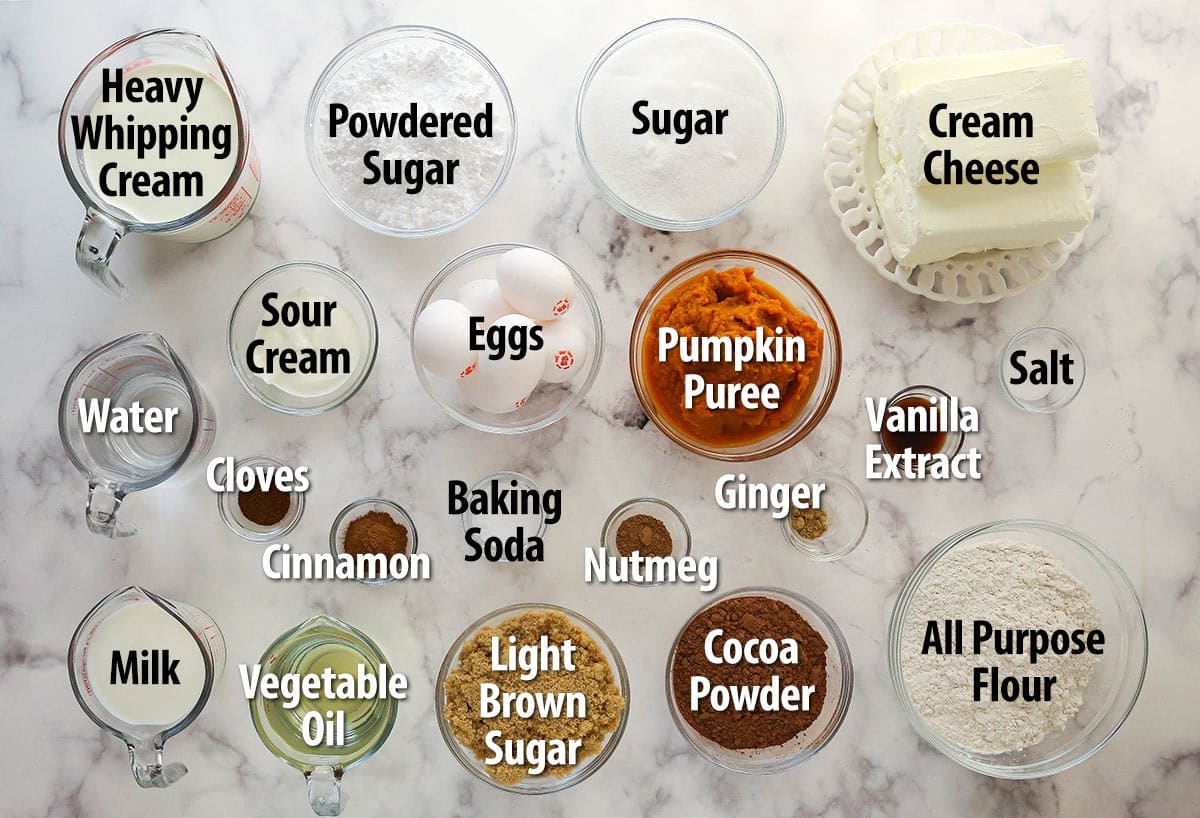 Labeled ingredients to make a Chocolate Pumpkin Cheesecake Cake.