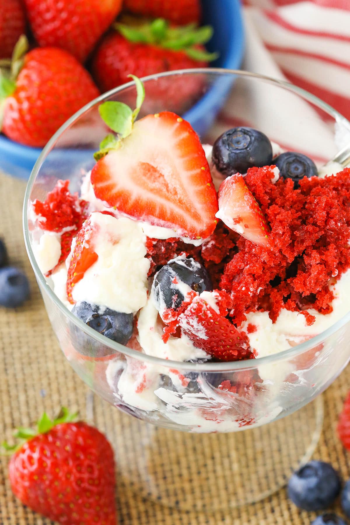 A serving of Red Velvet Berry Trifle in a glass bowl