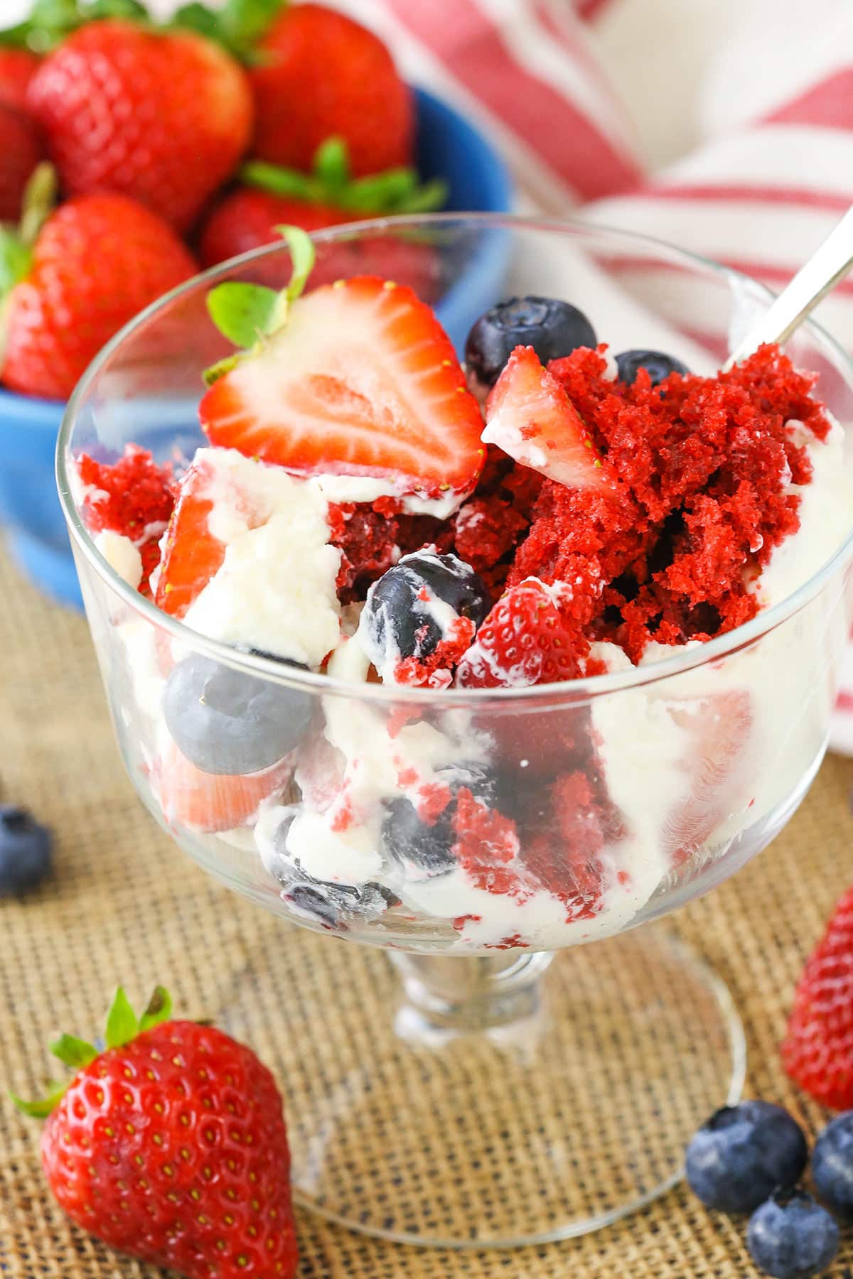 A serving of Red Velvet Berry Trifle in a glass bowl