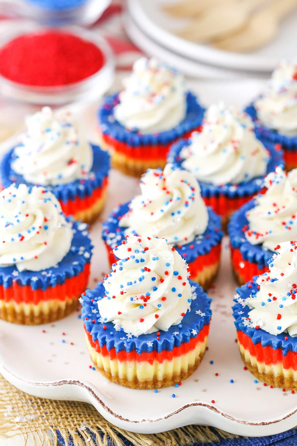 Red White and Blue Mini Cheesecakes on a white platter