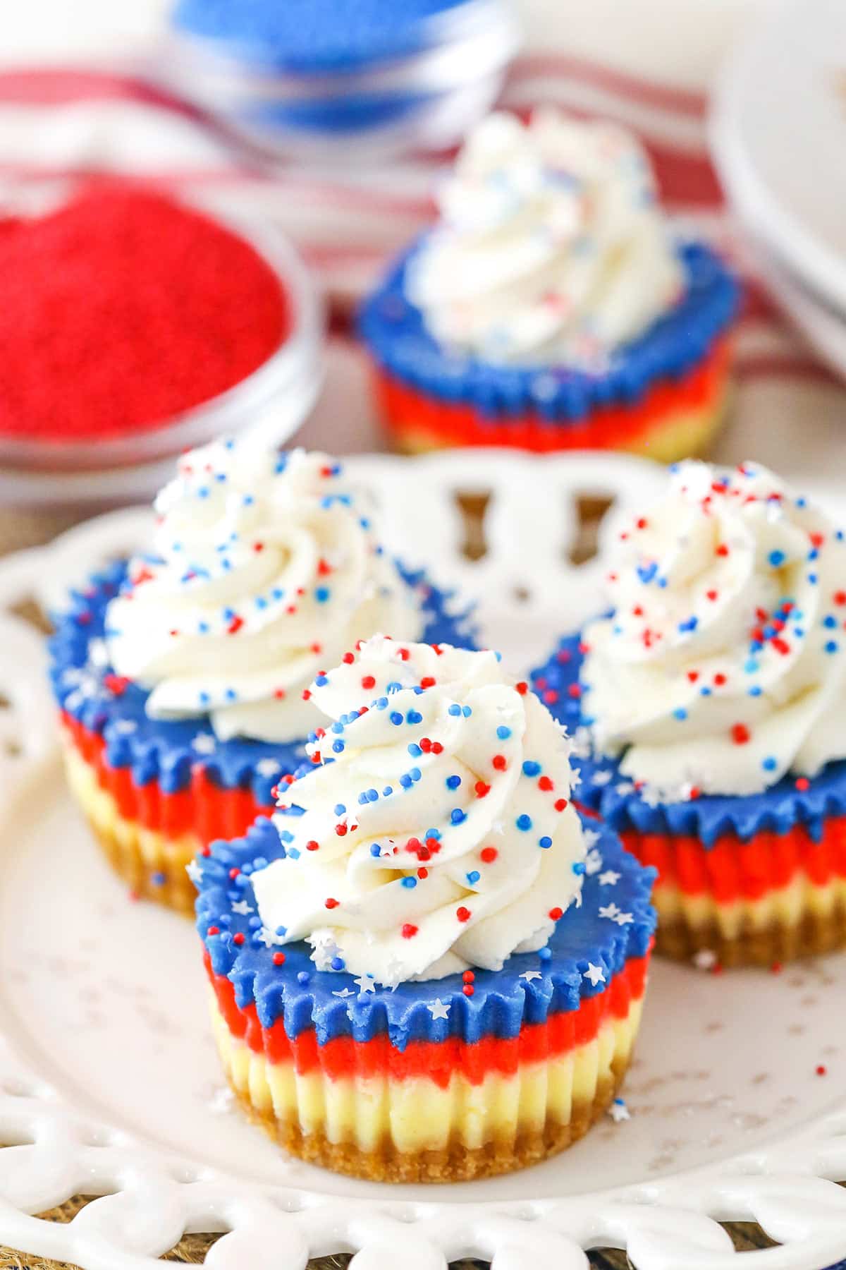 Red White and Blue Mini Cheesecakes on a white plate