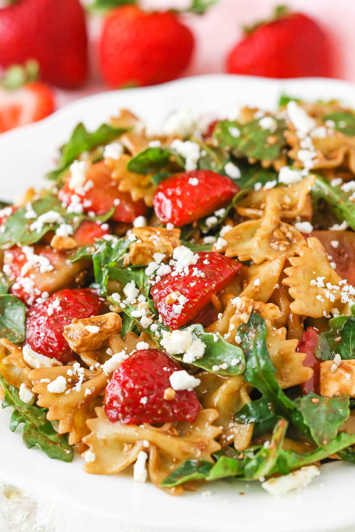 Strawberry Feta Balsamic Pasta Salad on a white plate