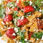 Strawberry Feta Balsamic Pasta Salad on a white plate