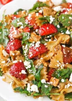 Strawberry Feta Balsamic Pasta Salad on a white plate