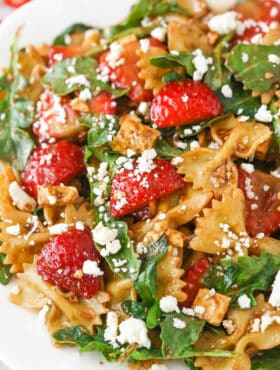 Strawberry Feta Balsamic Pasta Salad on a white plate