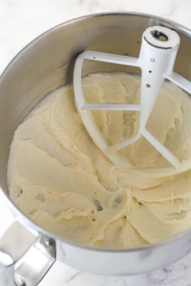 Butter, sugar, oil and vanilla extract creamed in mixing bowl