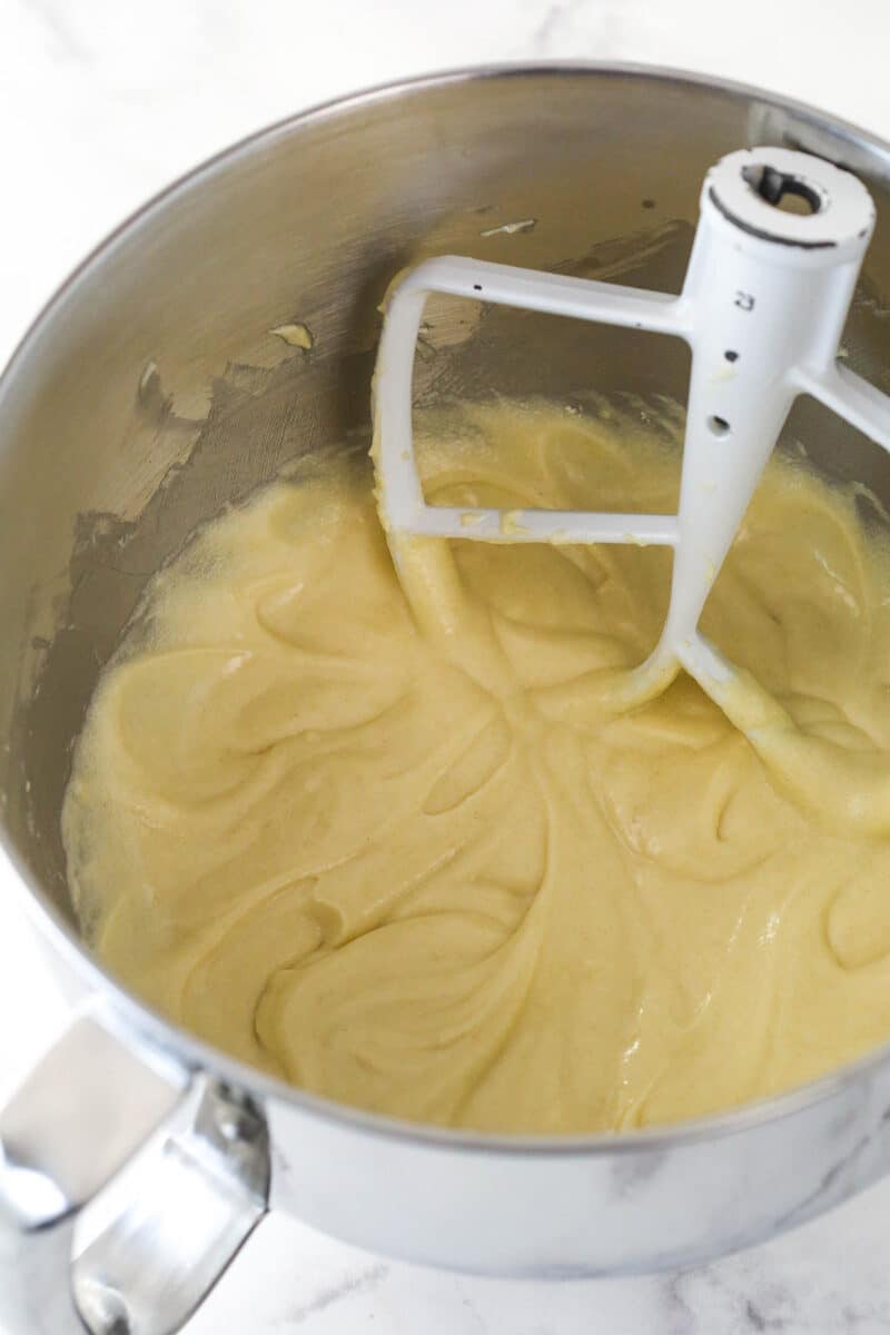 Cupcake batter after adding dry ingredients and milk.