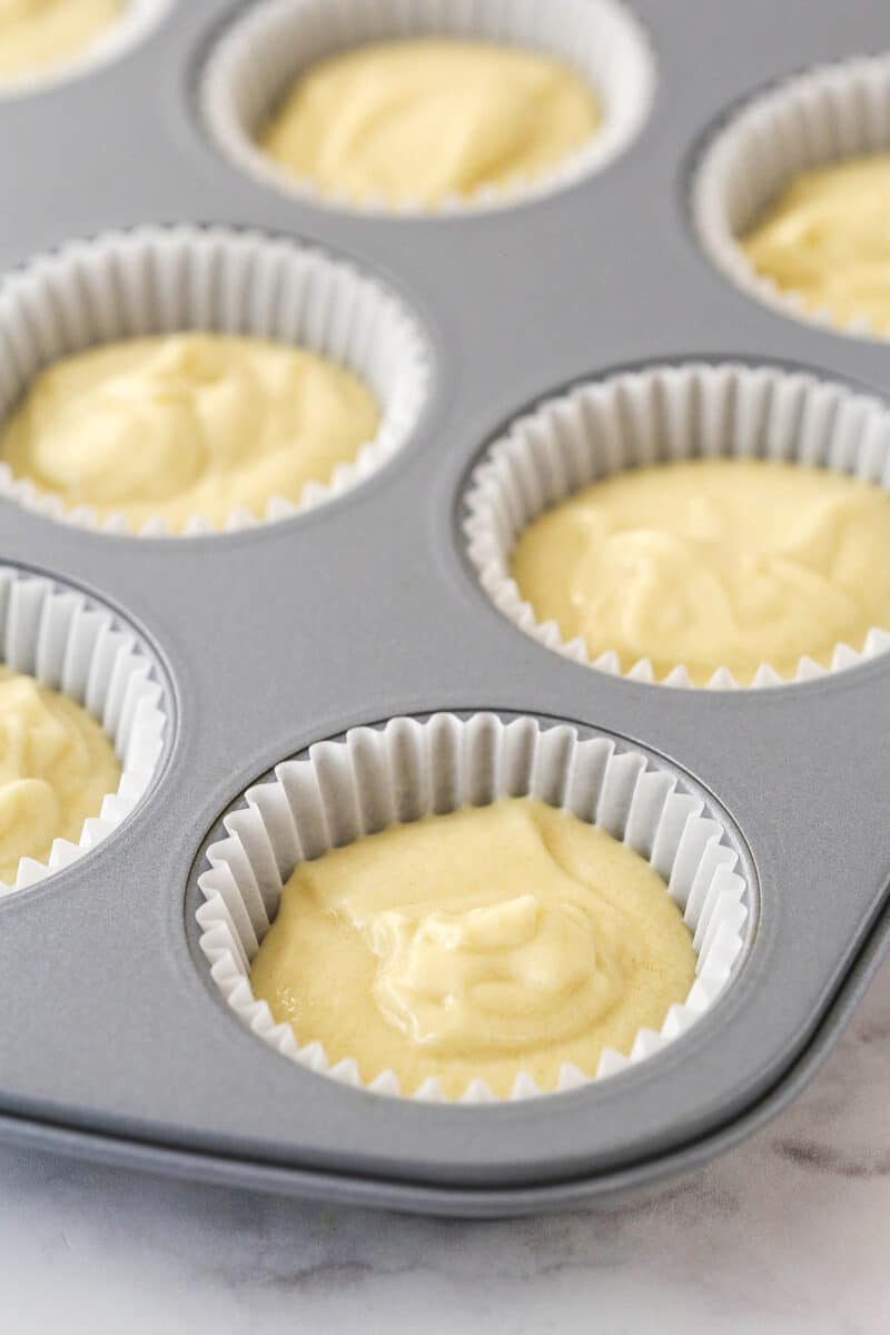 cupcake batter in cupcake pan